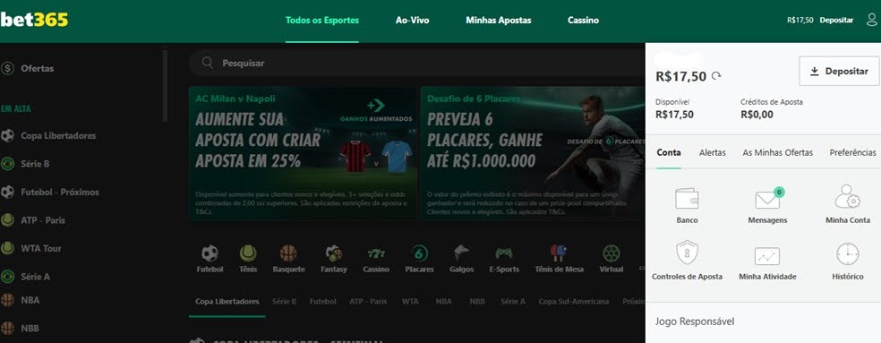 Opções ao usuário da Bet365 após clicar em "Banco"