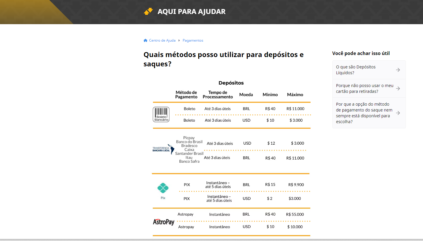 Tela da Betfair na página de suporte com opção de depósito