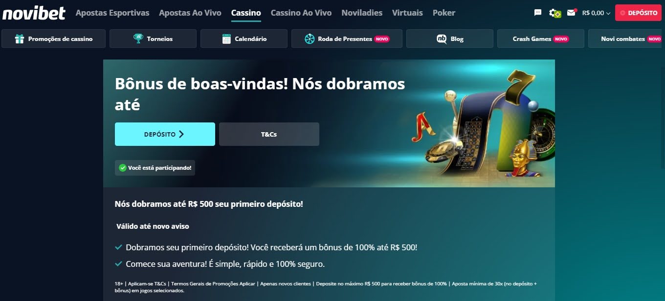 Oferta de Bônus de boas-vindas dobra o primeiro depósito em até R$500,00