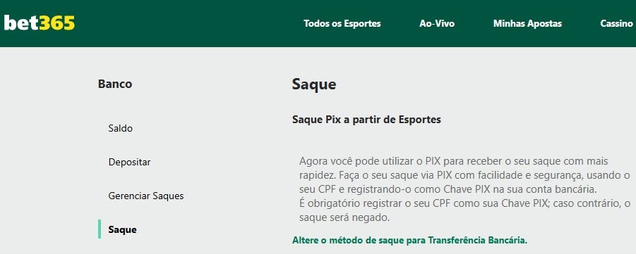 Possibilidade de sacar com Pix na Bet365