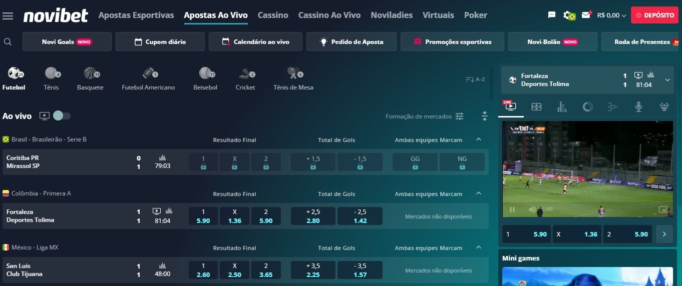 Página de apostas ao vivo da Novibet