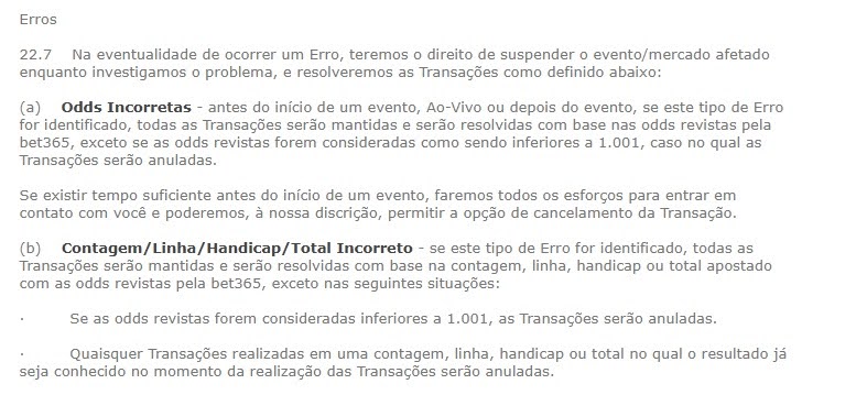 Trecho dos Termos e Condições da Bet365 no que diz respeito a handicaps