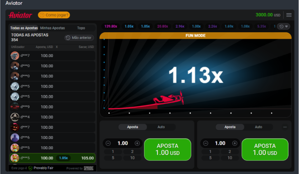 Interface completa do jogo Aviator na plataforma Sportsbet.io