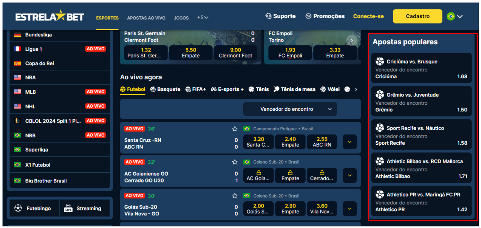 Seção de apostas populares na página inicial da Estrela Bet, na versão Desktop