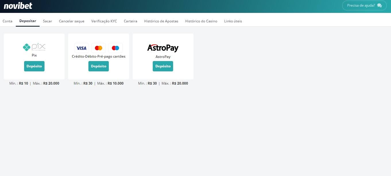 Formas de depósito dentro do site da Novibet