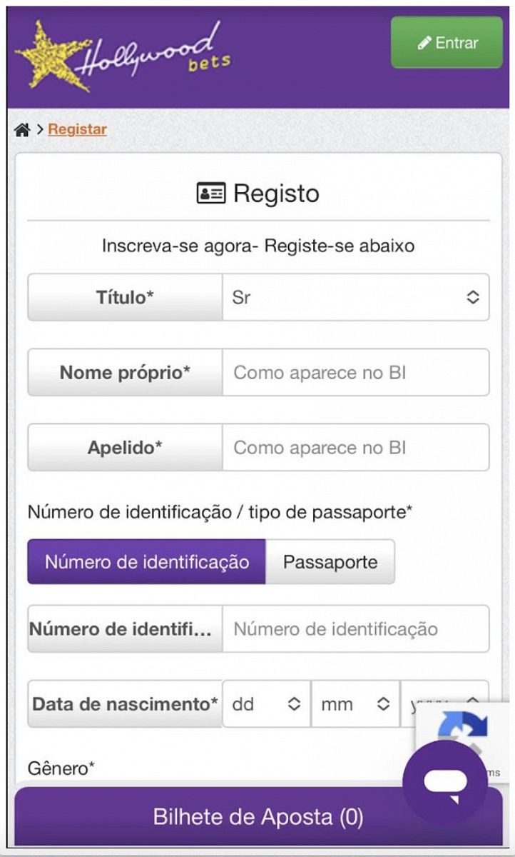 Página de registo da Hollywoodbets