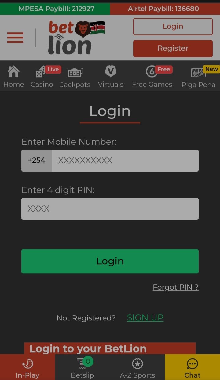 BetLion login interface