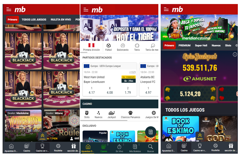 Tres screenshots de Meridianbet Perú app para dispositivos a Android