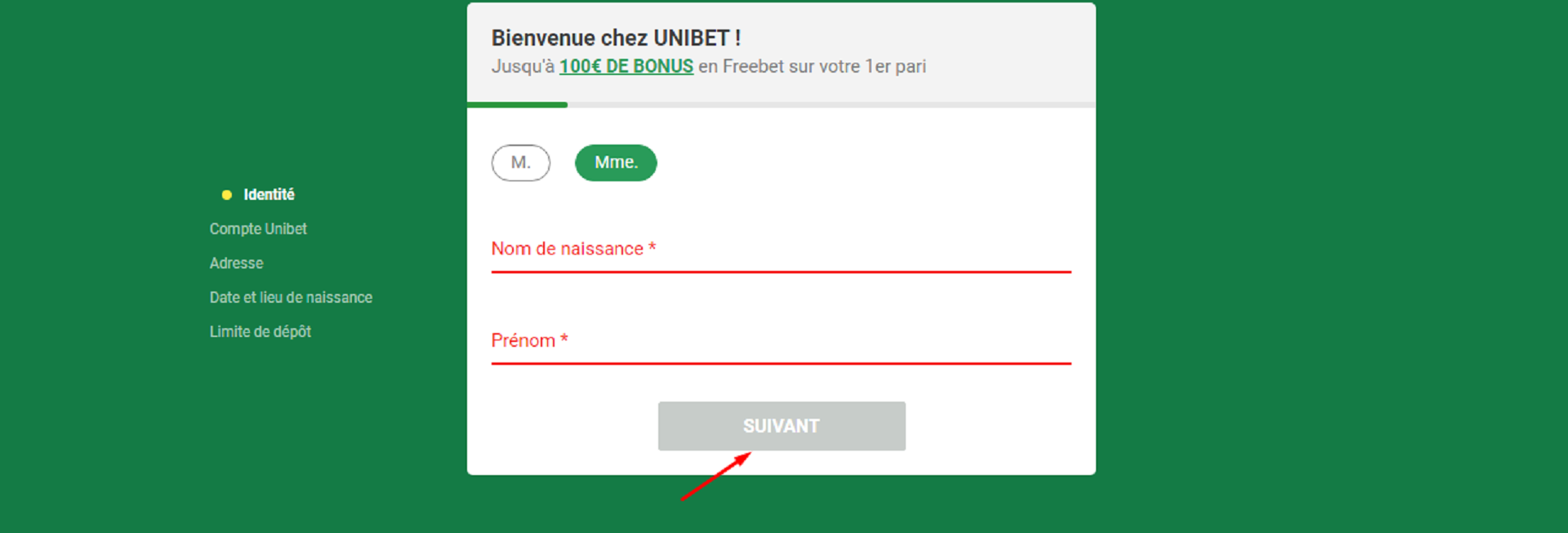 Une fois que vous avez cliqué sur “inscription”, vous arrivez sur une page où vous devez remplir votre nom. Ceci fait, cliquez sur “suivant”.