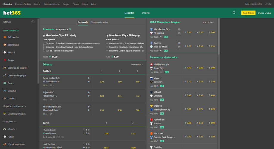 Se muestran los deportes, mercados y ligas disponibles para apostar en Bet365 Perú