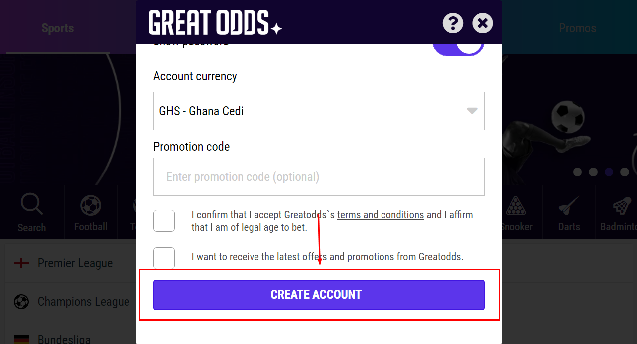 An image of the GreatOdds Ghana create account page