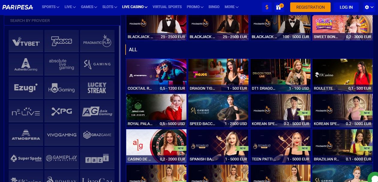 Image shows Paripesa app casino official website page