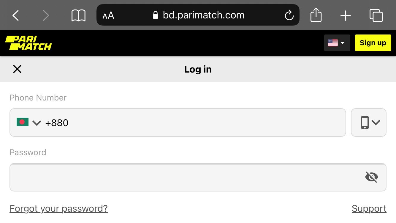 Image of the Parimatch Bangladesh login page