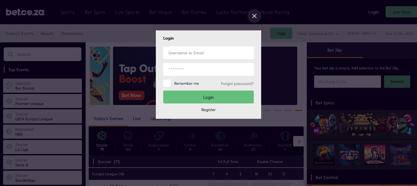 Enter Your Bet.co.za Account Login Details