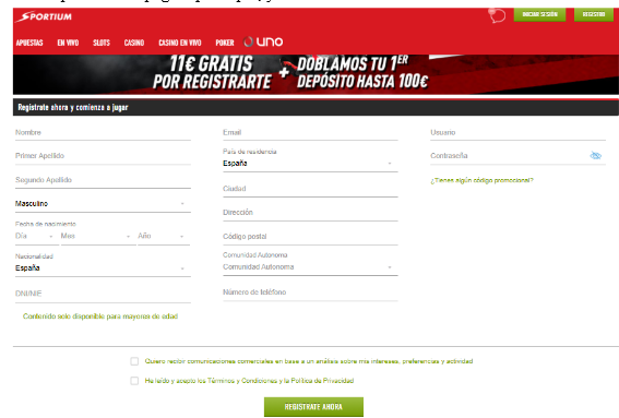 Registro en la casa de apuestas deportivas Sportium