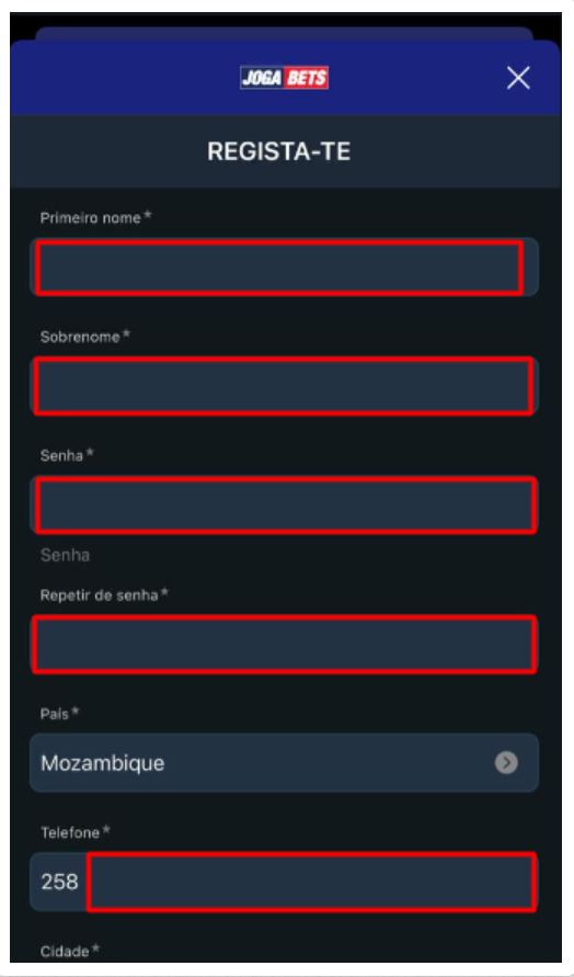 Formulário do registo na Aplicação da JogaBets