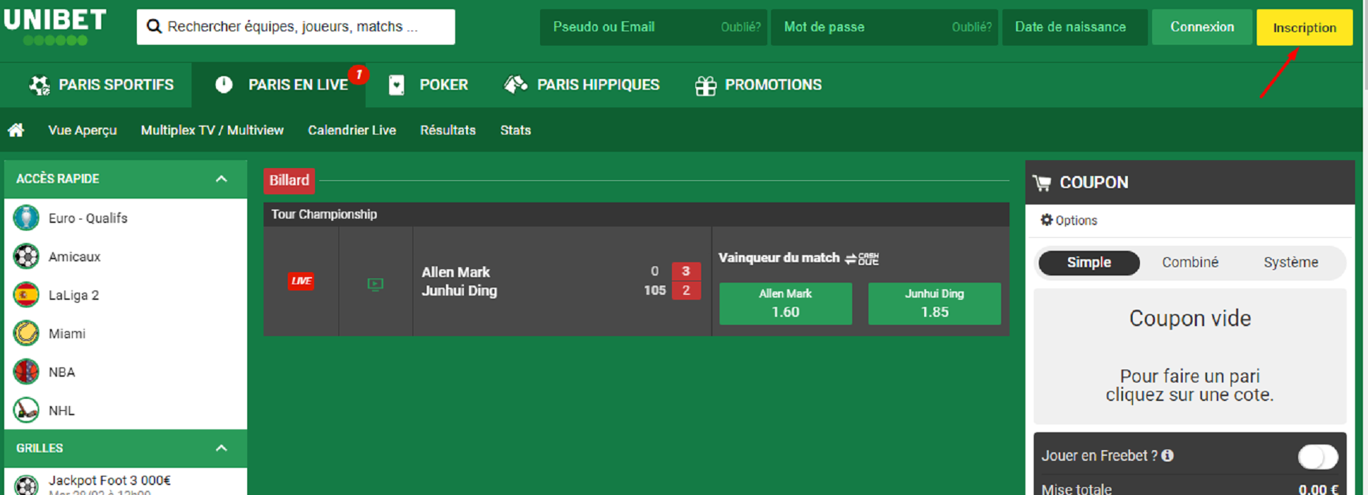 Le bouton à cliquer pour s’inscrire sur Unibet