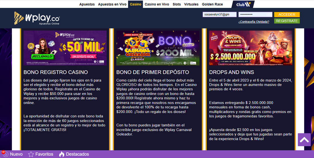 Bonos disponibles en Wplay