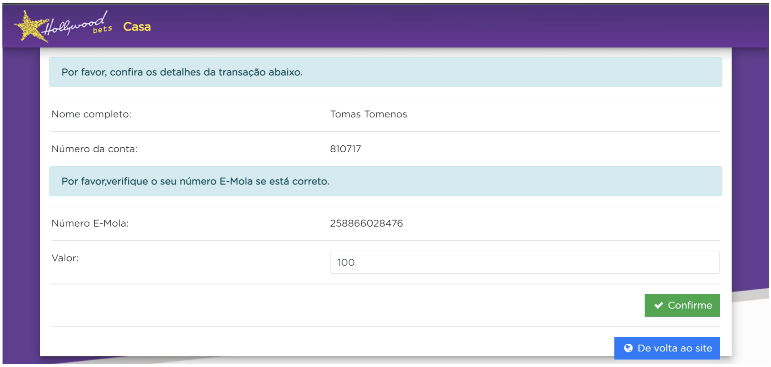 Confirmação da transação na Hollywoodbets Moçambique