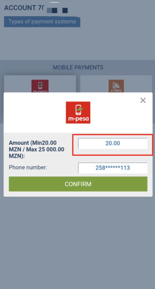 Depósito 1xBet via Android, passo 4