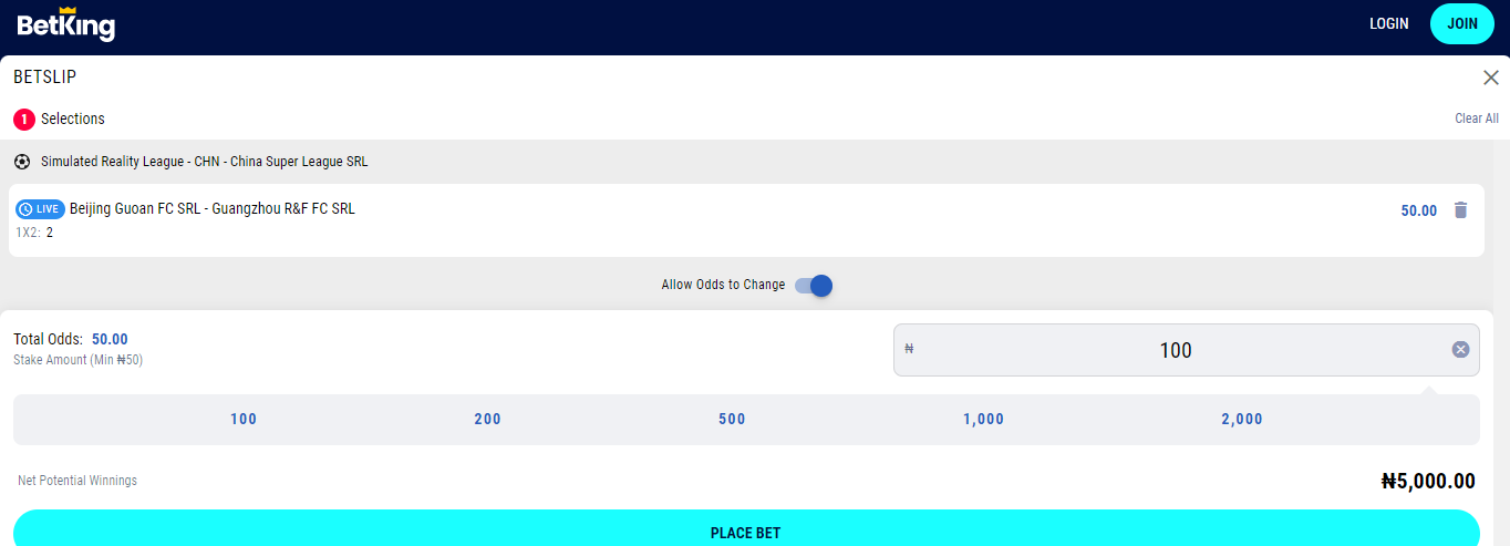 Image showing odds at Betking Ghana sportsbook