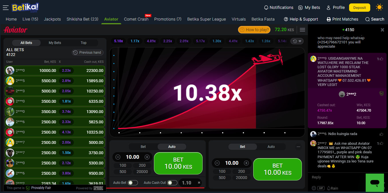 Image showing the Betika Aviator section with some betting options available.