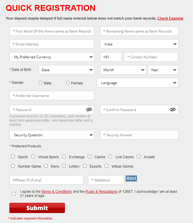 12Bet Sportsbook Sign-Up Process