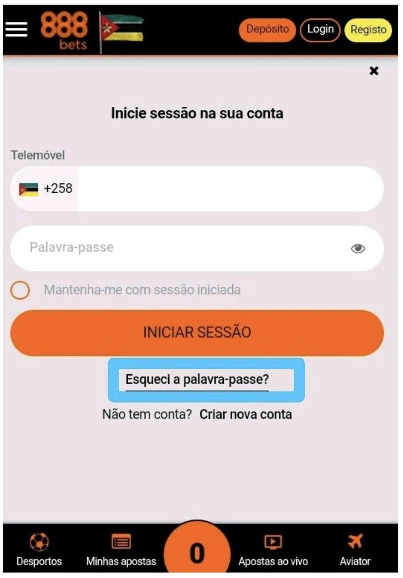 Primeiro passo para redefinir a senha de login da conta 888Bets