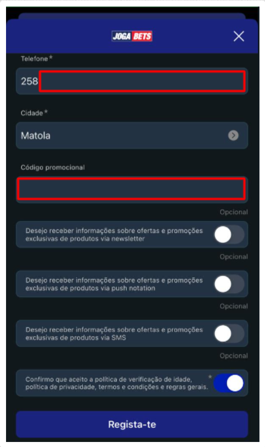 Código promocional da Aplicação da JogaBets