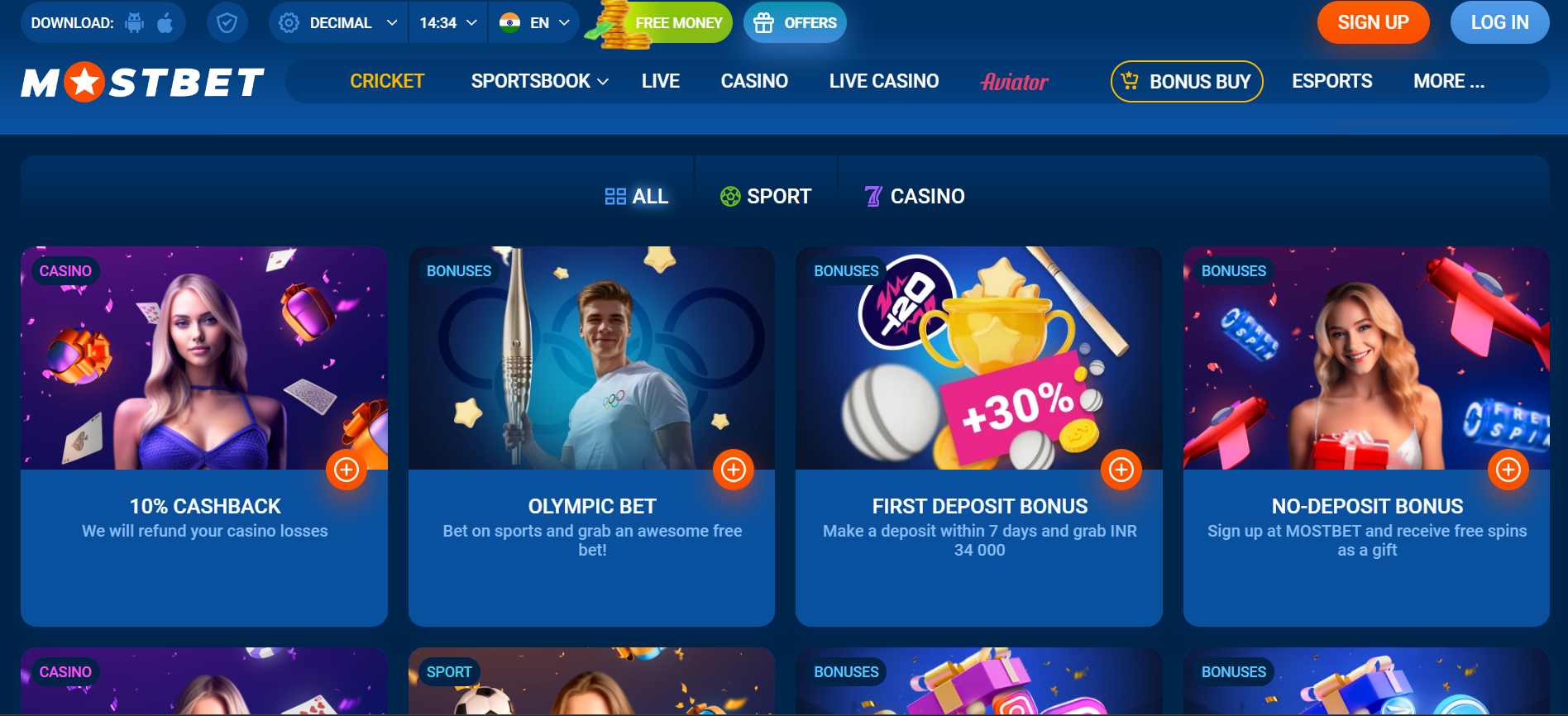 Casino welcome bonus on Mostbet