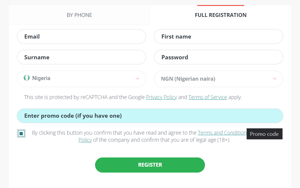 Email registration form as provided by 22bet Nigeria