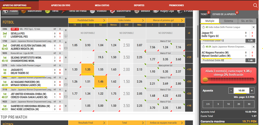 Imagen de la sección de apuestas deportivas junto con mercado, cuotas y boleto de apuestas en Meridianbet Perú