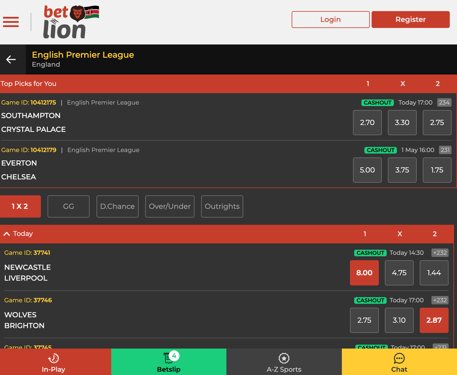 Picture showing a players selection of matches to wager on