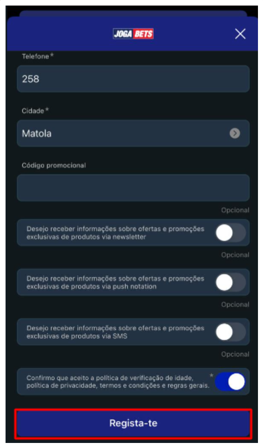 Etapa final do registo na Aplicação da JogaBets