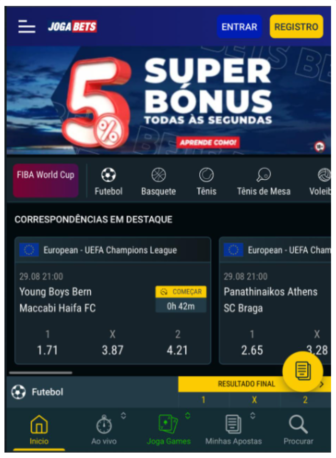 Correspondência em destaque da versão mobile da JogaBets