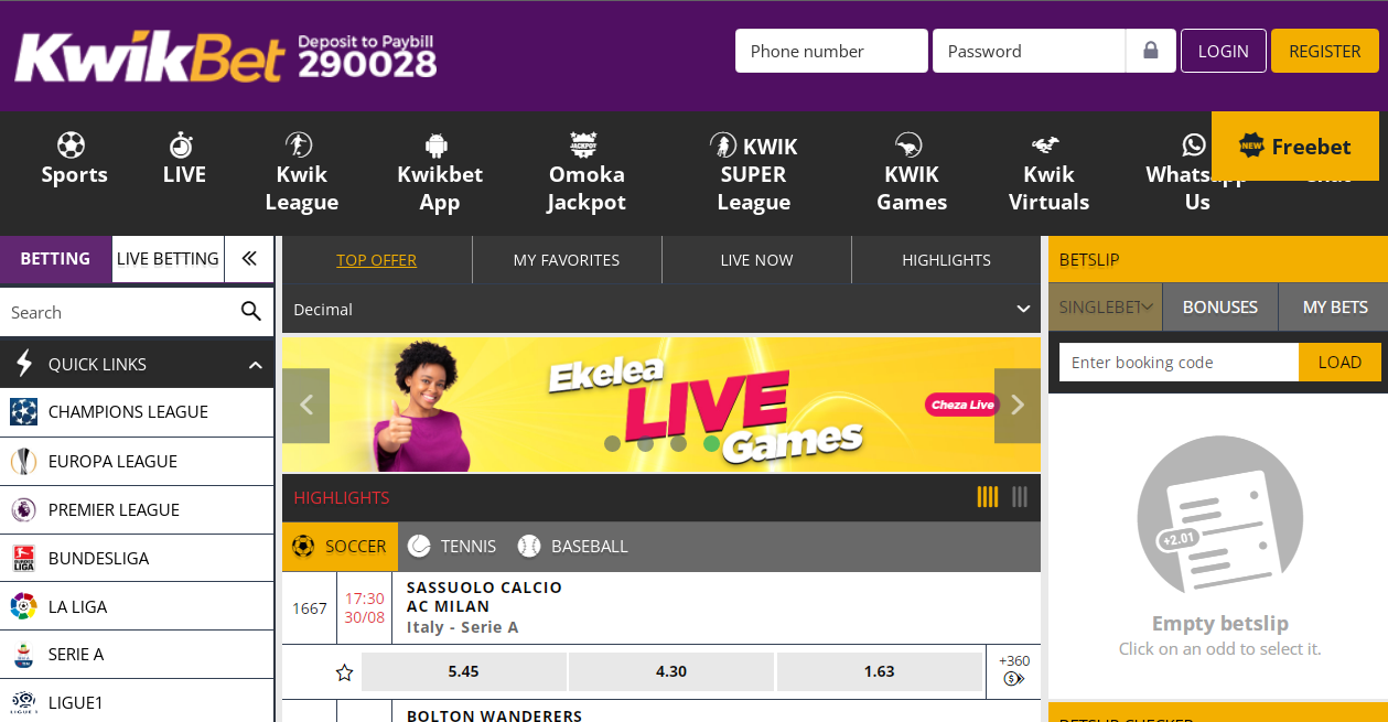 An image of the Kwikbet sportsbook homepage